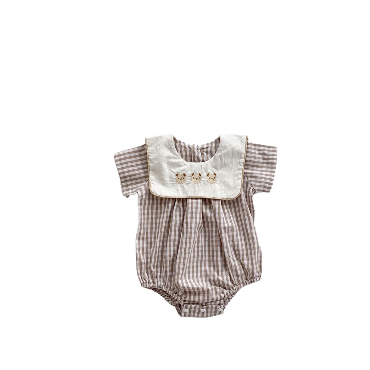 Picture of Korean Baby Jumpsuit Plaid Preppy Style Lapel Embroidered Bear Bag Fart Clothing Newborn Short-Sleeved Full Moon Outing Clothing