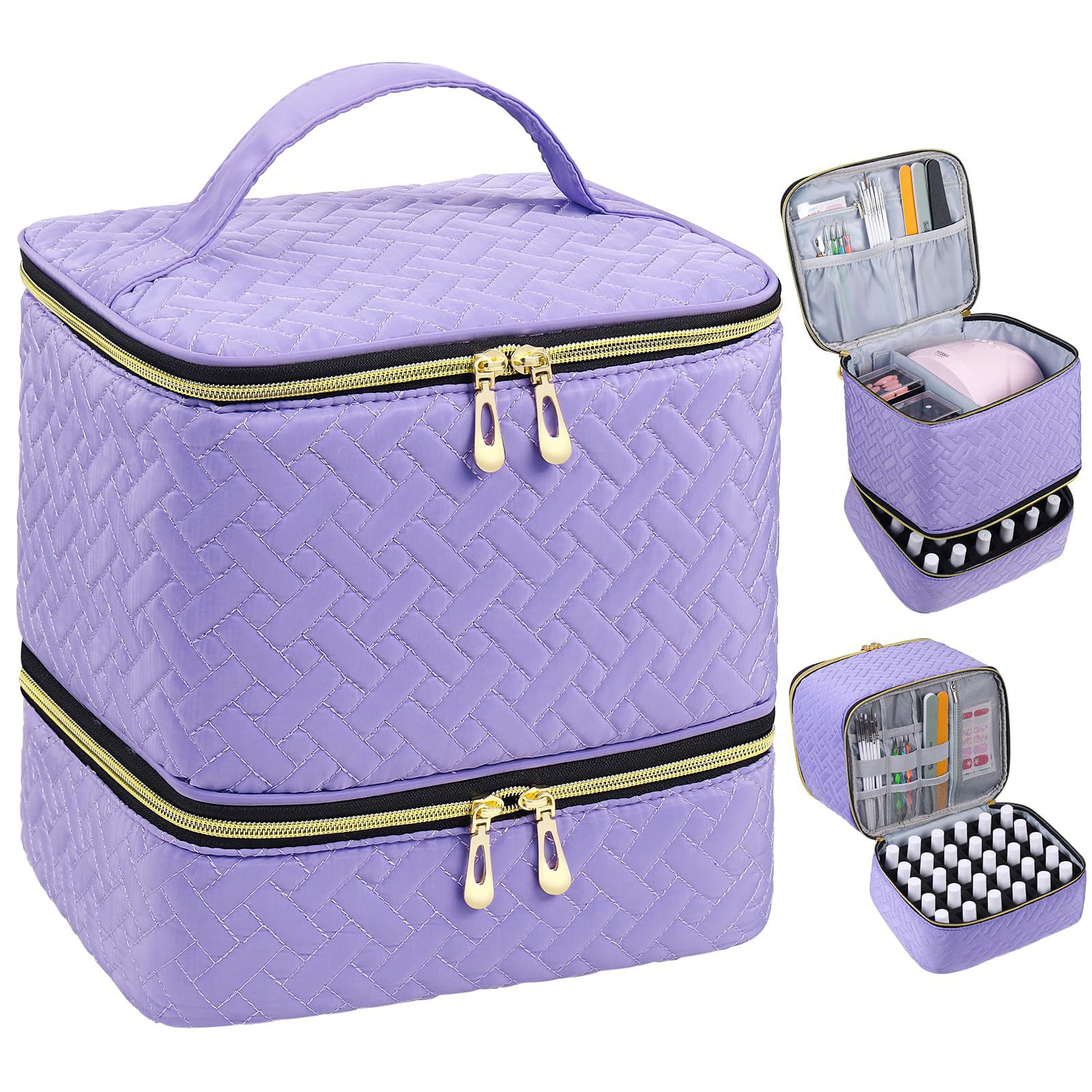 Large capacity double quilted nail polish bag can store 30 bottles of nail polish and nail polish lamp travel portable