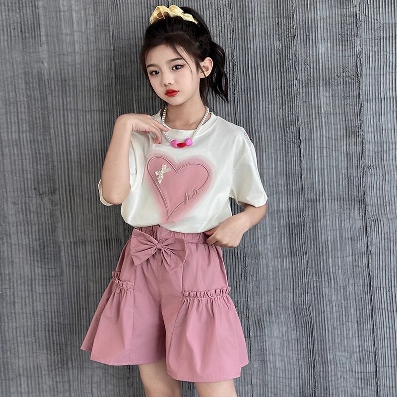Pure Cotton Tops Girls Summer Short-Sleeved Suit 2025 New Fashionable T-Shirt Summer Shorts Two-Piece Set