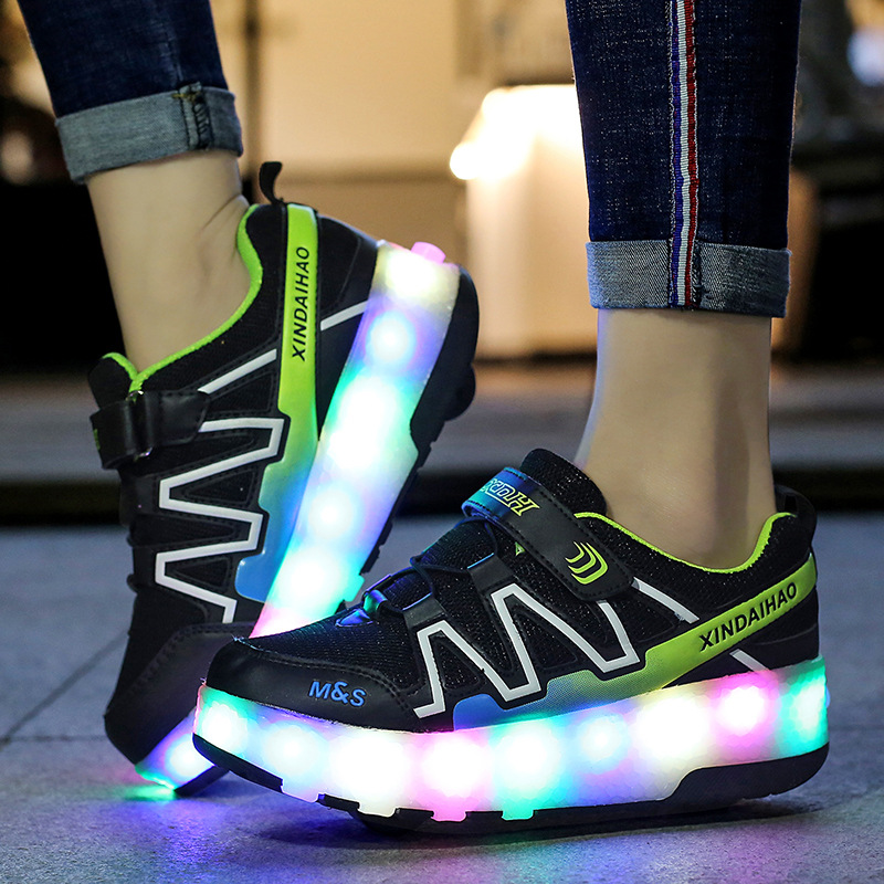 Picture of Winter children's heloo shoes double wheel student switch LED light children's roller skates USB charging button control mode
