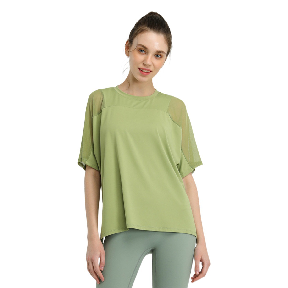 European and American Quick-drying Hip Covering Loose Running Blouse T-shirt Mesh Stitching Sports Short-sleeved Fitness Yoga Clothing Women's Summer