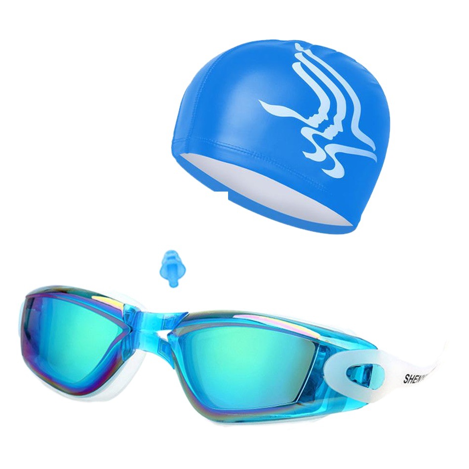 Amazon swimming goggles swimming cap nose clip earplug HD waterproof anti-fog large frame men's and women's swimming equipment goggles 7001
