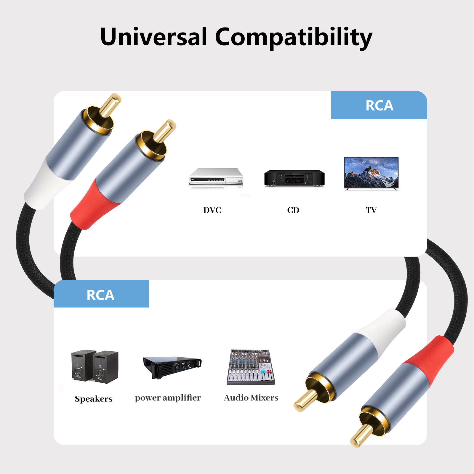 Picture of Cross-border explosive gold-plated head metal shell 2RCA pair 2RCA amplifier Lotus head audio cable 1m 2m