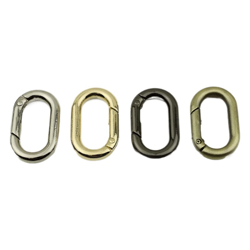 Wholesale metal oval spring ring bag hardware accessories strap webbing buckle denier-shaped open spring buckle