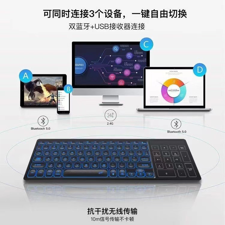 Picture of Backlit wireless keyboard with touch pad rechargeable 2.4g Bluetooth keyboard for ipd tablet laptop