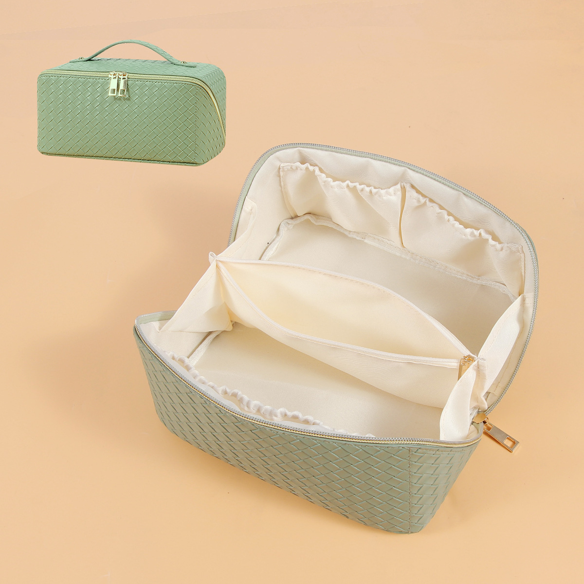 Picture of Amazon Wash Bag for PU Leather Small Checkered Textured Storage Large Capacity Multi-functional Cosmetic Bag Advanced Sense