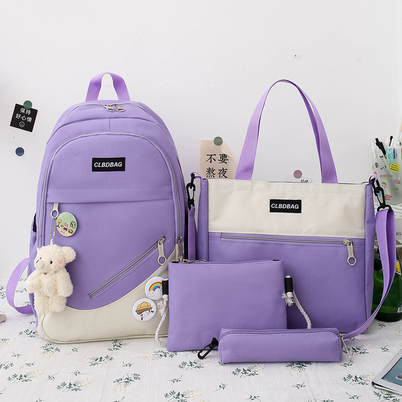 Picture of Schoolbag Female College Student Korean-style Cute Bear Pendant Backpack Senior high school Student Campus Canvas Four-piece Backpack
