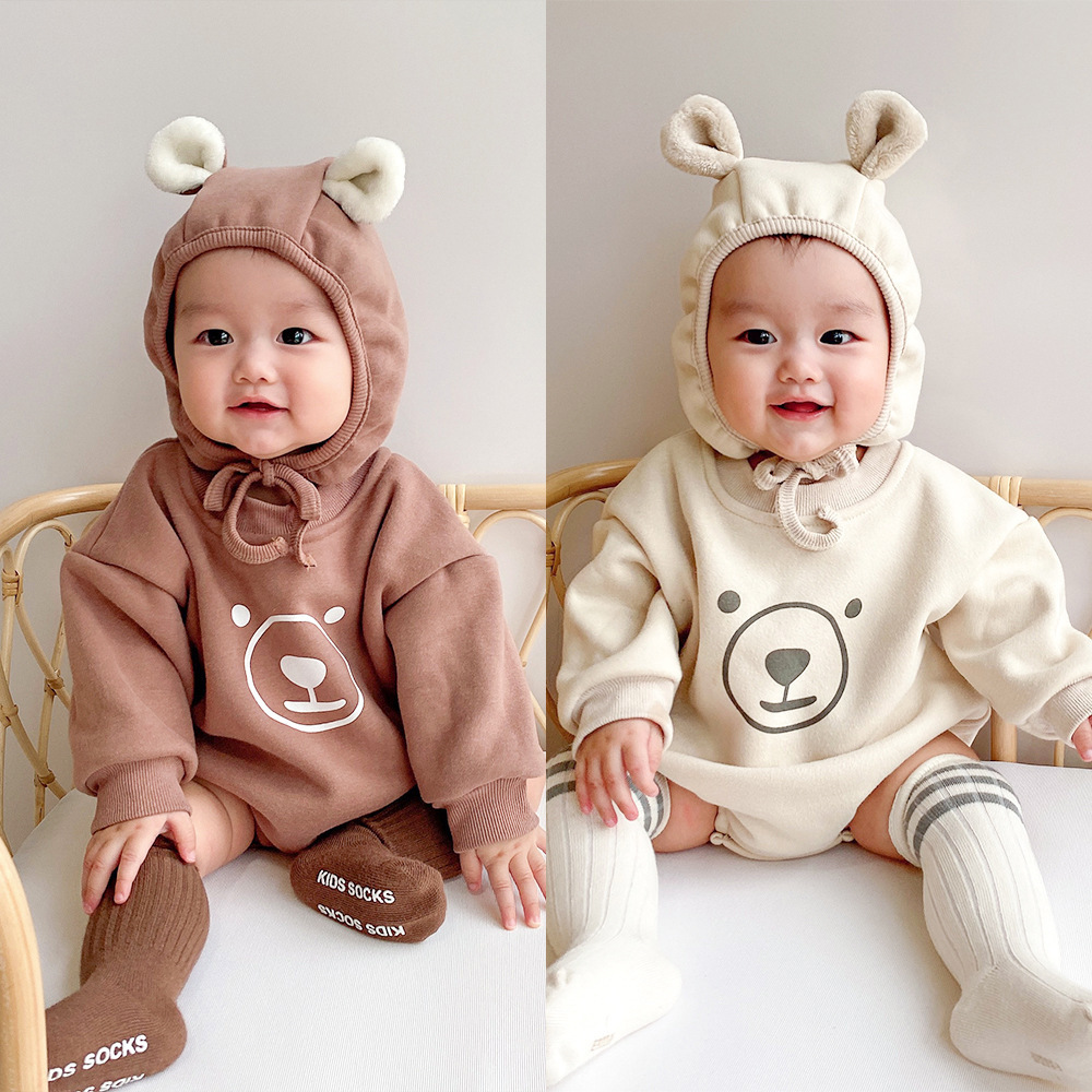 Picture of ins Children's Clothing Spring and Autumn One-piece Hattie Cute Printed Bear Long-sleeved Sweatshirt Bag Fart Clothes Baby Climbing Clothes Hat