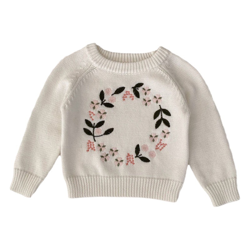 Ins 2025 New Autumn Popular Style Baby Girl Infant Kids Round Neck Knitwear Flower Embroidered Pullover Top
