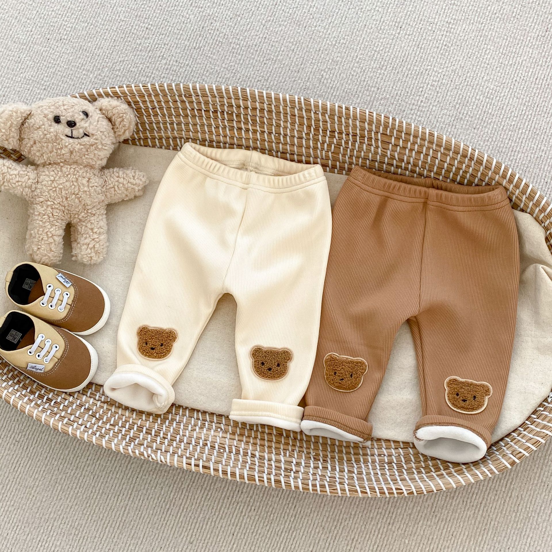 Picture of Winter new boys and girls baby fleece-lined leggings comfortable cute bear three-dimensional embroidered casual warm pants