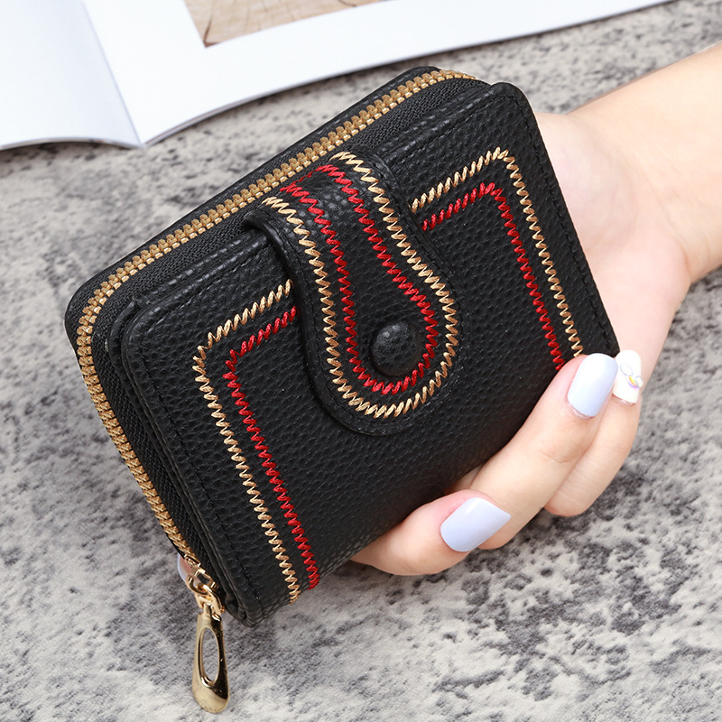Picture of New Korean Women's Short Bag Zipper Buckle Wallet Lychee Embroidered Solid Color Coin Purse ID Card Bag