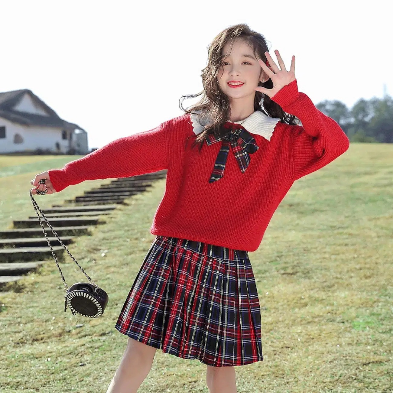 Picture of Girls' autumn clothes suit winter new children's knitted two-piece college style sweater short skirt western style girls' skirt