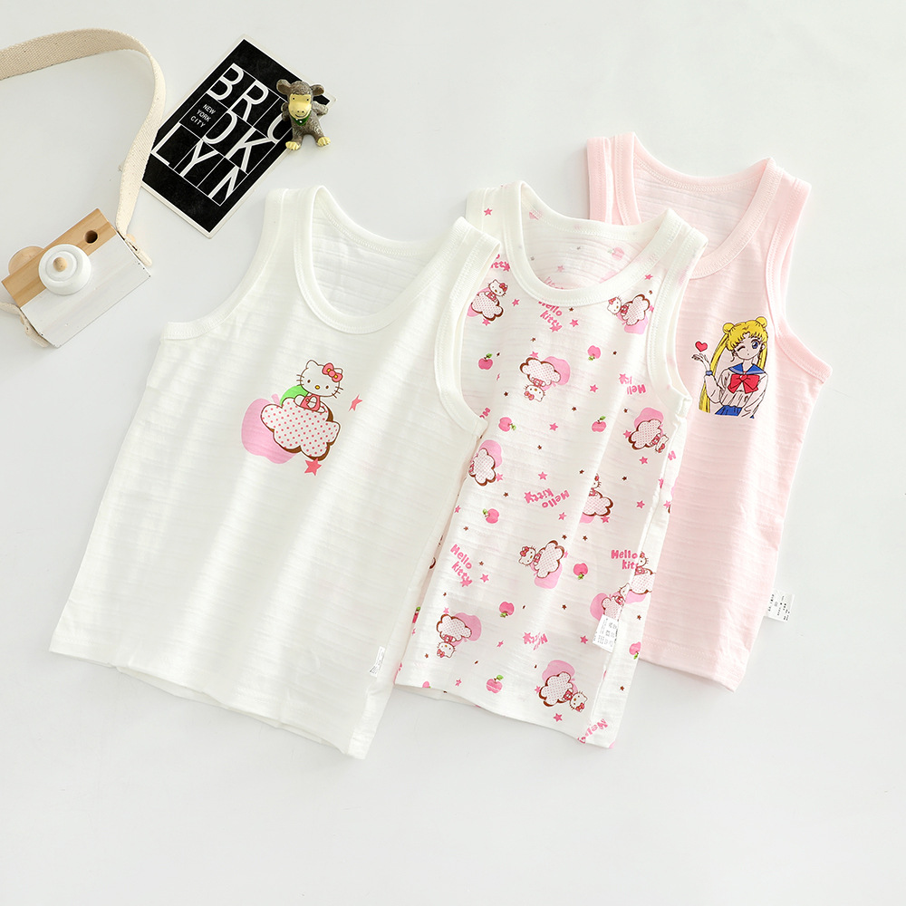 Picture of 3 PCs Summer Slub Cotton Children's Vest Boys and Girls Baby 100 Cotton Cartoon Sleeveless Base Pajamas Lightweight Breathable