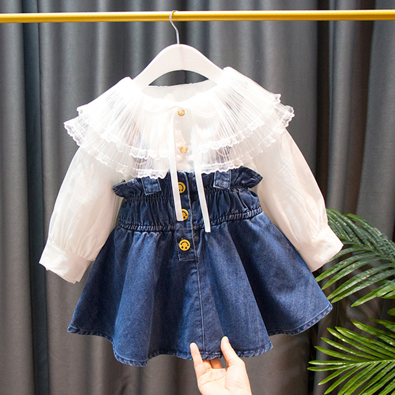 Instagram Style Girl's Flower Collar Big Shirt with Strap Dress Set Fashionable Korean Style Girl's Two-Piece Suit YY64