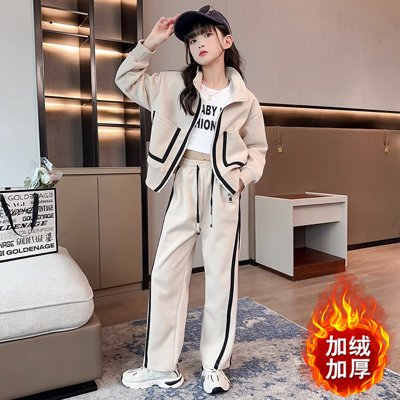 Girls' 2024 New Autumn and Winter Sports suit Girls' Straight Pants Slim-fit fleece-lined Thickened Two-piece Set