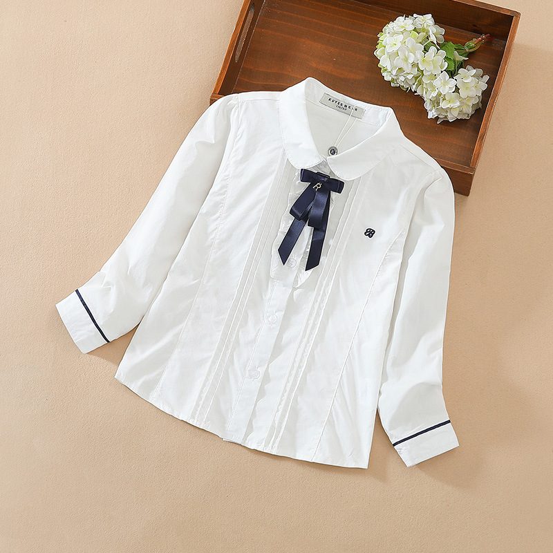 Spring and Autumn Baby Tops Korean Big Children's Bow Children's Clothing Short-Sleeved Cotton Long-Sleeved Lapel Girls' Shirts Pure Color