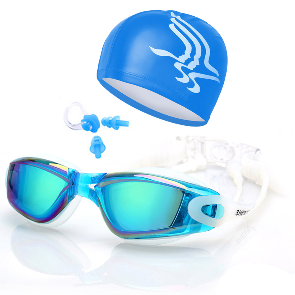 Picture of Amazon swimming goggles swimming cap nose clip earplug HD waterproof anti-fog large frame men's and women's swimming equipment goggles 7001