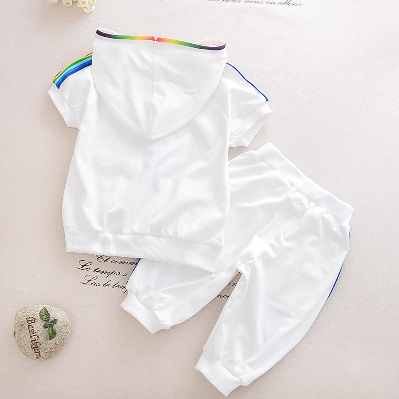 Picture of Korean-style New Boys and Girls Sports Suit Summer Short-sleeved Baby Hooded Zipper Shirt Black and White Two-piece Fashionable Suit