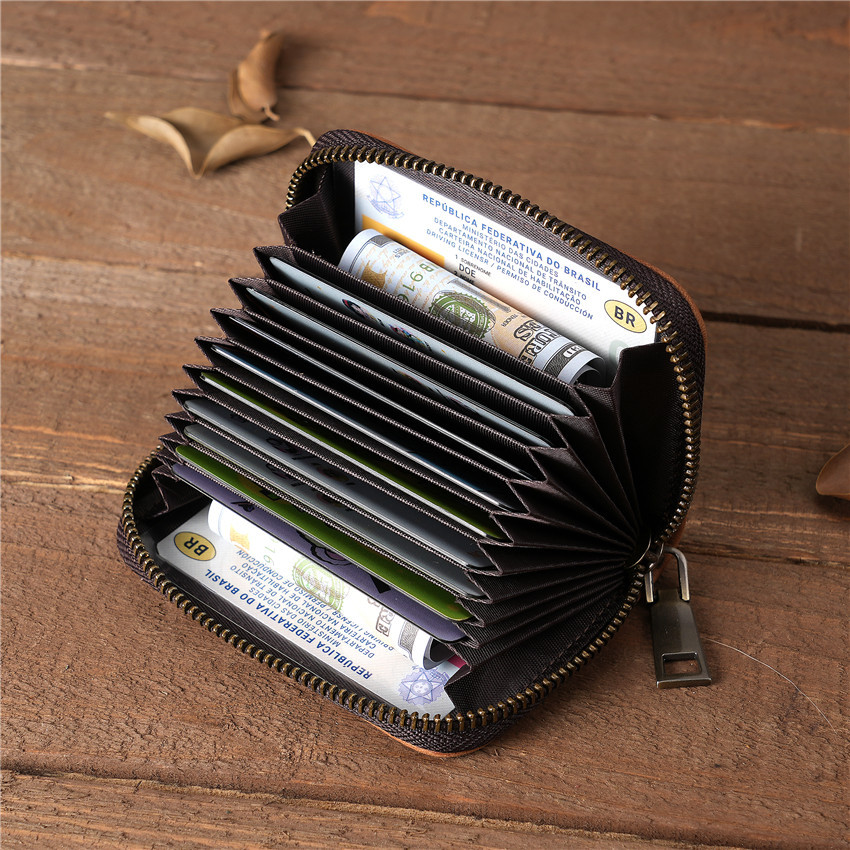 1065 Men and Women's Genuine Leather Crazy Horse Cowhide Card Bag Card Case Zipper Organ Card Box Foreign Trade Taobao Supply