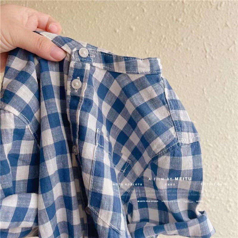 Picture of Children's Shirt 2024 Summer New Boys and Girls Plaid Casual Striped Washed Cotton Shirt Stand Collar Short-sleeved Shirt Trendy