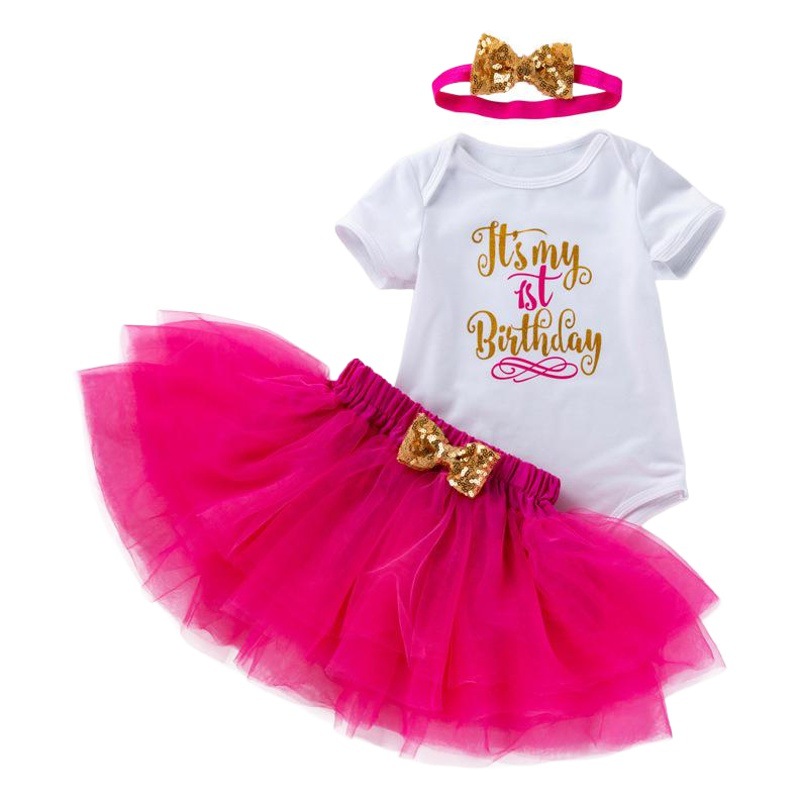 Cross-Border Children's Clothing Summer Baby Girl Festival Clothing 0-2 Years Old Birthday Letter White Khaki Mesh Princess Skirt 3-Piece Set
