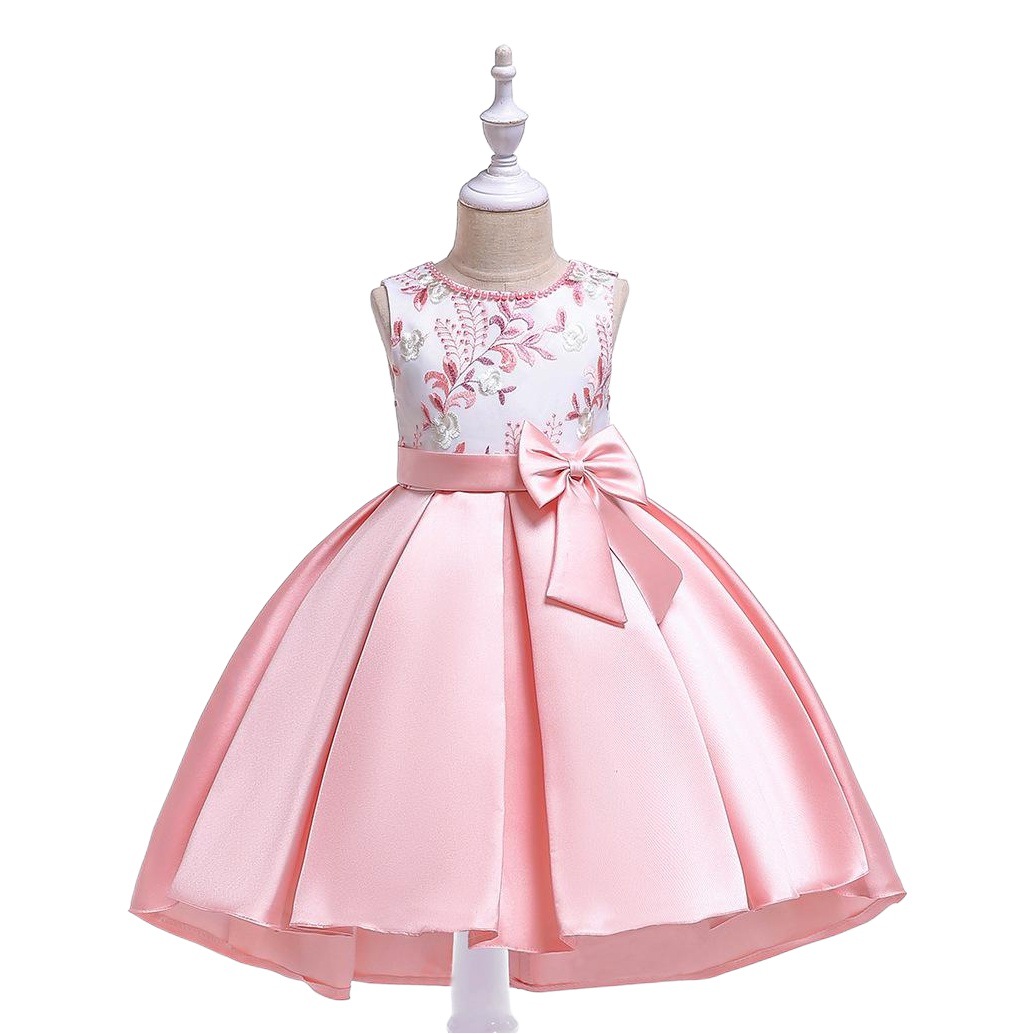 Cross-Border European and American New Medium and Large Children's Tail Dress Girls Beaded Embroidered Princess Dress Twill Satin Tuxedo Dress