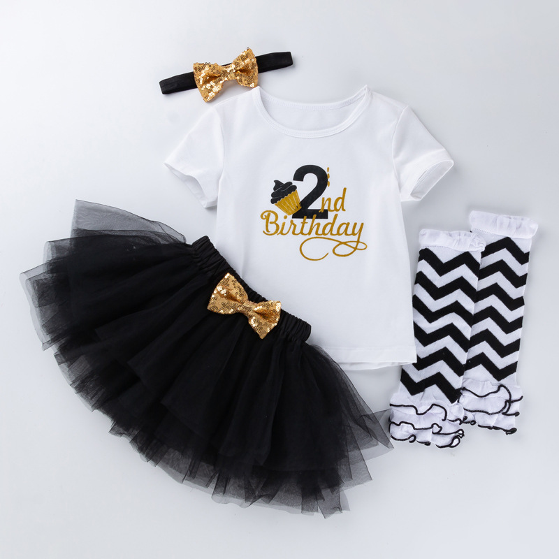 Picture of Cross-border Amazon European and American baby girls' birthday clothes 4-piece letter short-sleeved T-shirt princess dress socks suit