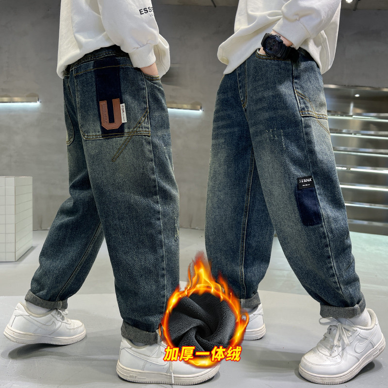 Picture of Boys' Pants Autumn and Winter 2025 New Style for Older Children, Boys' Winter Casual Pants, Children's Fleece-Lined Thickened Jeans