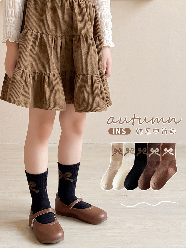 Picture of Girls Socks Autumn and Winter New Miu Lolita Mid-length Socks Girls Princess Bow brown Vintage Cotton Socks
