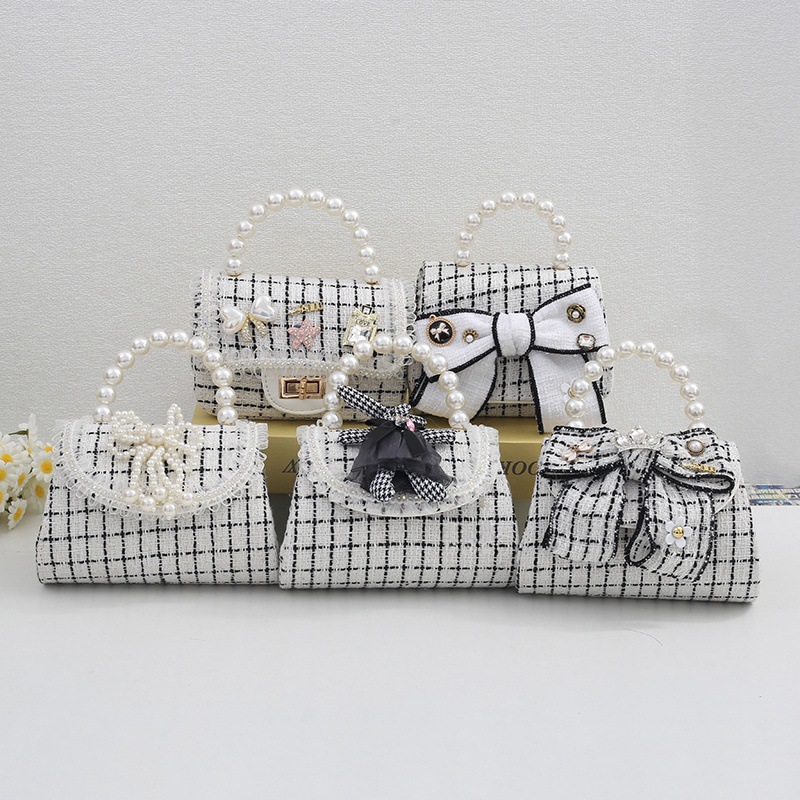 Children's Bag 2024 Spring and Summer New Girls' Crossbody Bag Princess Distinctive Pearl Handbag Cotton Linen Fashion Shoulder Bag