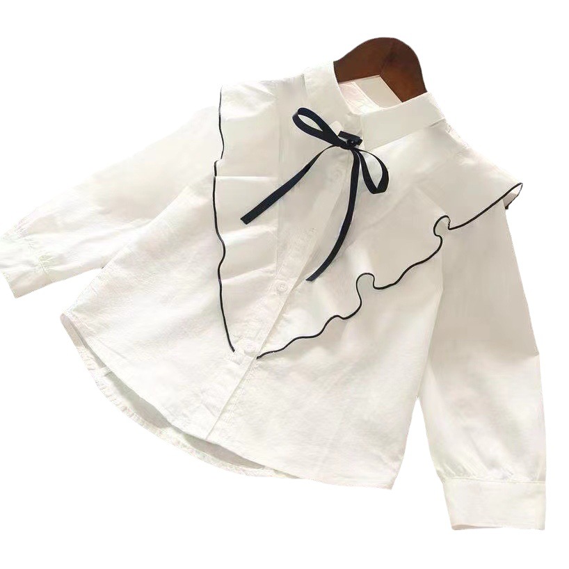 Spring 2024 New girls' medium and large children's breathable Princess children's long sleeve ruffled lapel white shirt fashion