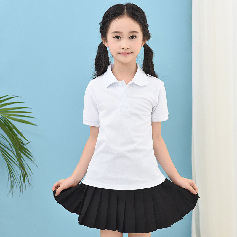 Picture of Children's White Polo Shirt Short-sleeved Cotton Boys Lapel White T-shirt Summer School Uniform Girls' Half-sleeved T-shirt