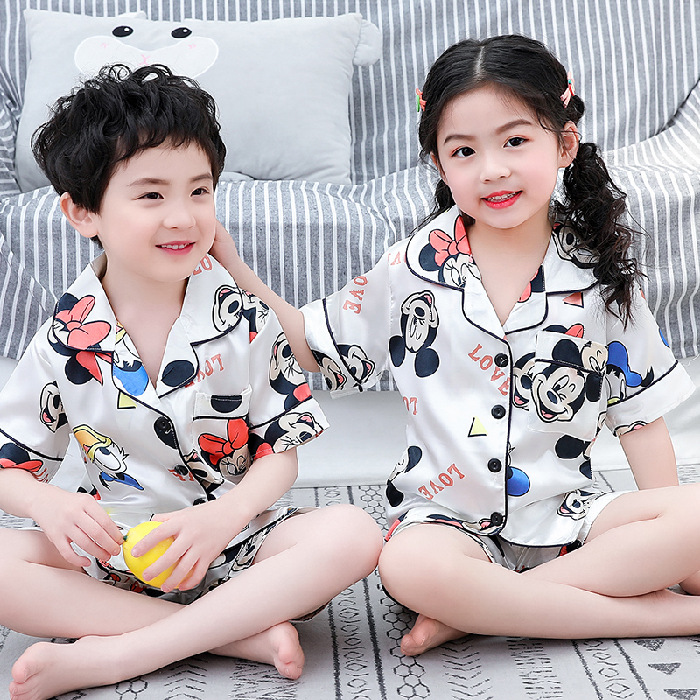 Picture of European and American Foreign Trade Children's Silk Cute Cartoon Pajamas Summer Short-sleeved Loose High-elastic Satin Home Clothes for Boys and Girls