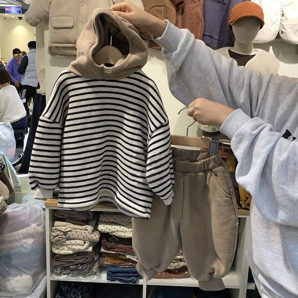Picture of Children's Korean-style Suit New Men's and Women's Baby's Autumn and Winter Clothes Color-matching Fleece Terry Striped Sweat Trousers Suit