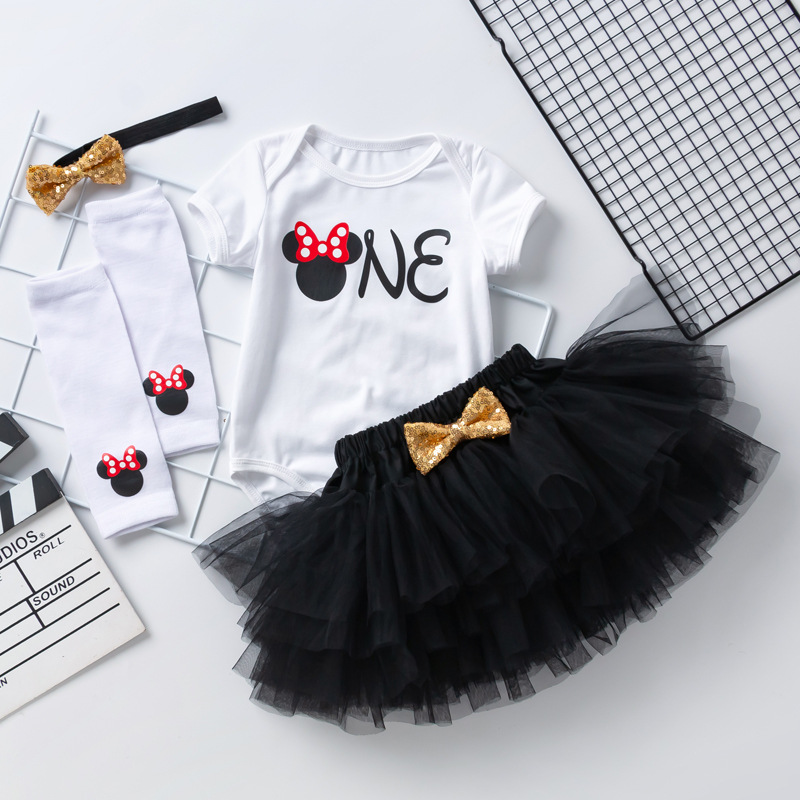 Picture of Cross-Border Children's Clothing Wholesale 4-Piece Set Baby Girl Birthday Set 1-Shaped Short-Sleeved Harem Skirt Socks Set Hair Accessories Set