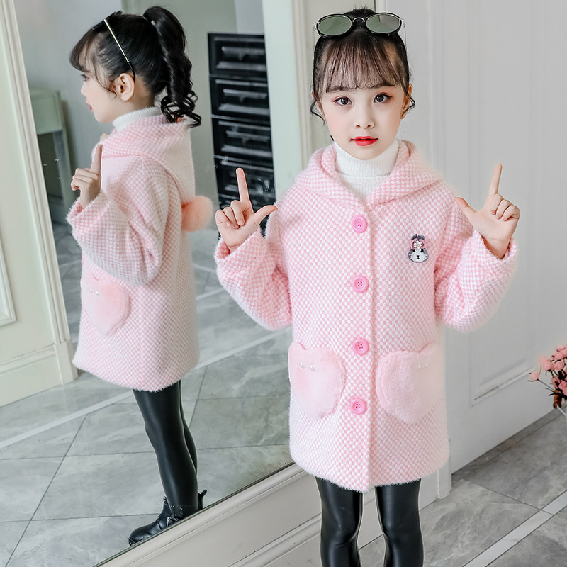 Picture of Girls mink woolen coat 2025 spring and autumn woolen coat children's woolen coat children's clothing a generation of hair