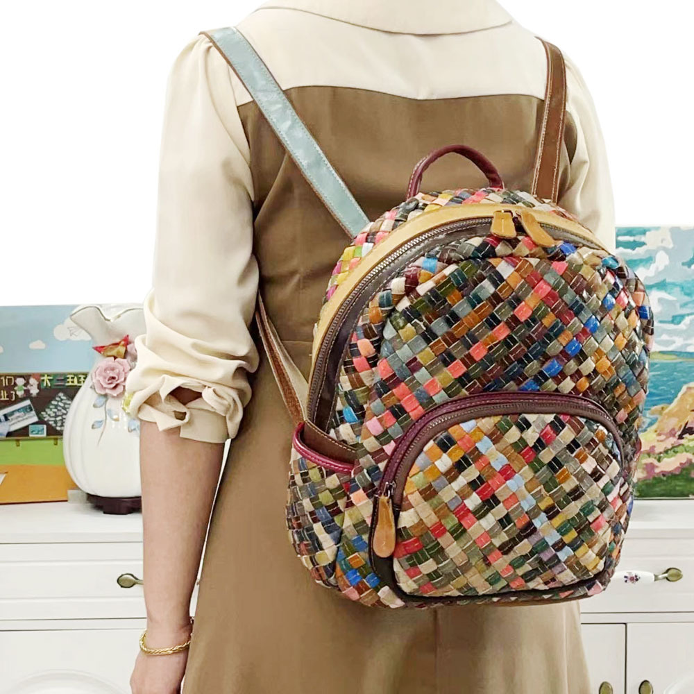 Picture of 2025 fashion women's bag leather backpack stitching color leather hand-woven shoulder bag women's bag a generation of hair