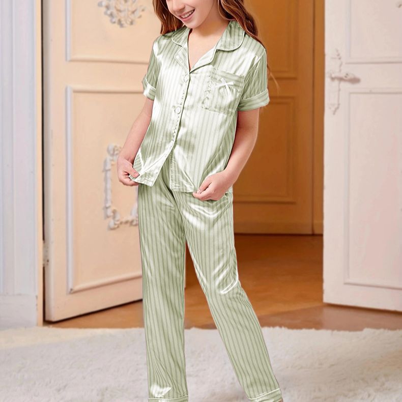 Pink Satin Striped Girls' Pajamas Sweet Summer New Thin Silk-like Cool Children's Home Clothes Cross-Border