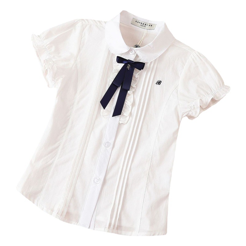 Girls' Short-sleeved Shirt Spot Summer Korean Style Middle and Big Children's White Bow Pure Cotton Short-sleeved Lapel Children's Shirt
