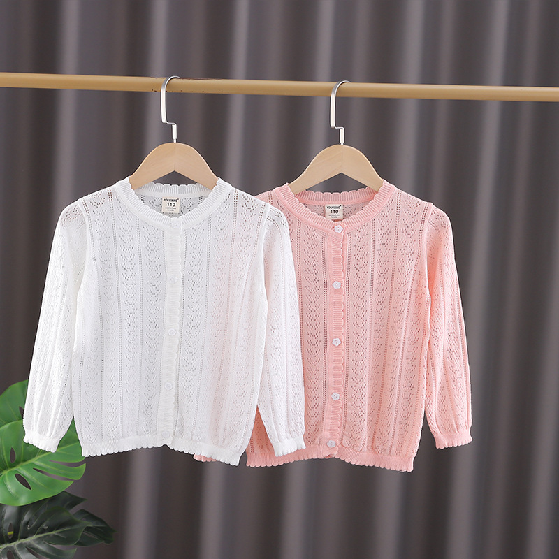 Net red knitwear Hollow children's top spring and summer thin long sleeve air conditioning shirt female baby cardigan coat wholesale