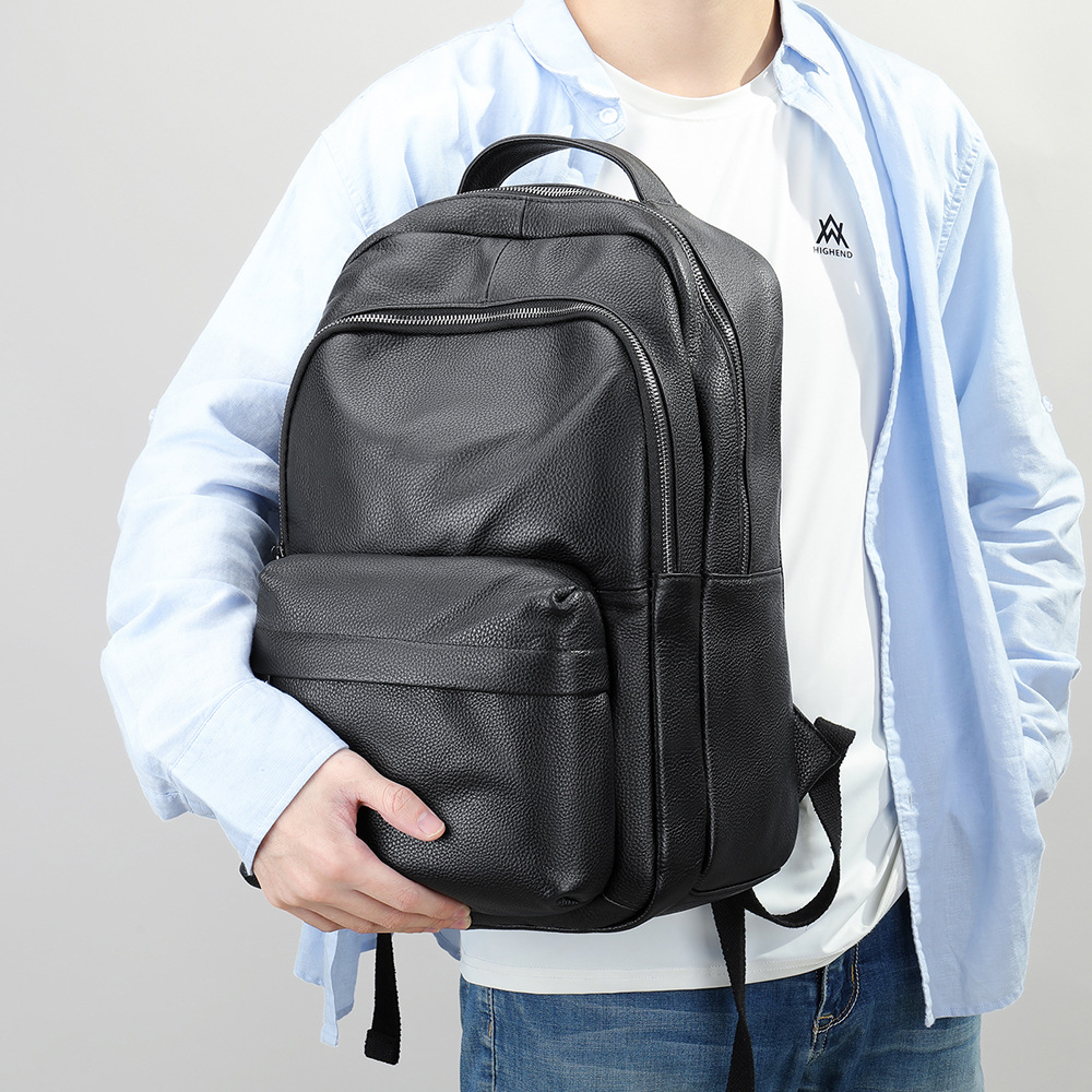 Picture of Real Cowhide New First Layer Cowhide Casual Men's Backpack Black Trendy Cool Genuine Leather Outdoor Backpack Bike Bag