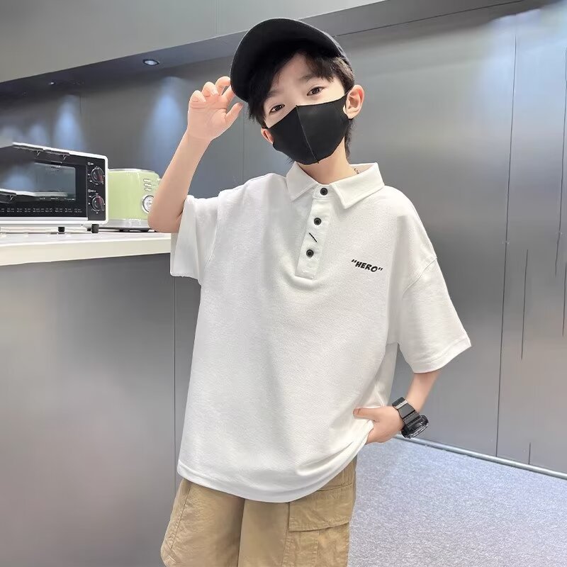 Boys T-shirt polo shirt summer 2024 new big boys summer coat children summer white clothes T