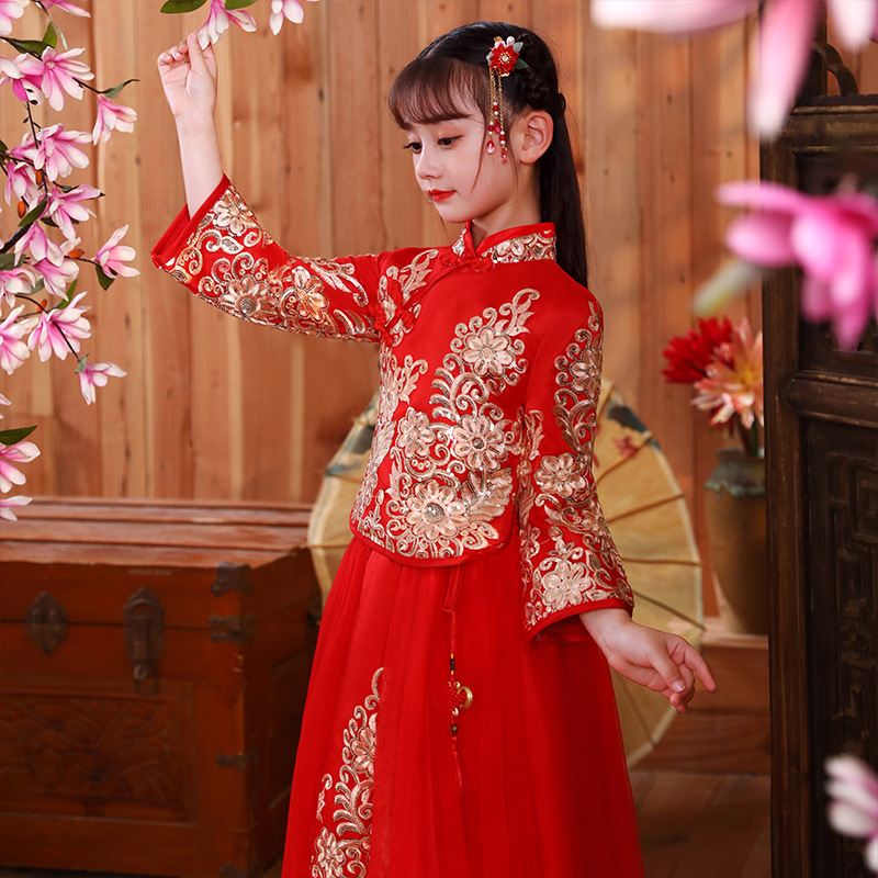 Picture of Girls' Hanfu Ancient Costume Festive New Year's Clothing Children's Cheongsam Autumn and Winter Thickened Chinese Style Suit Tang Suit New Year's Service