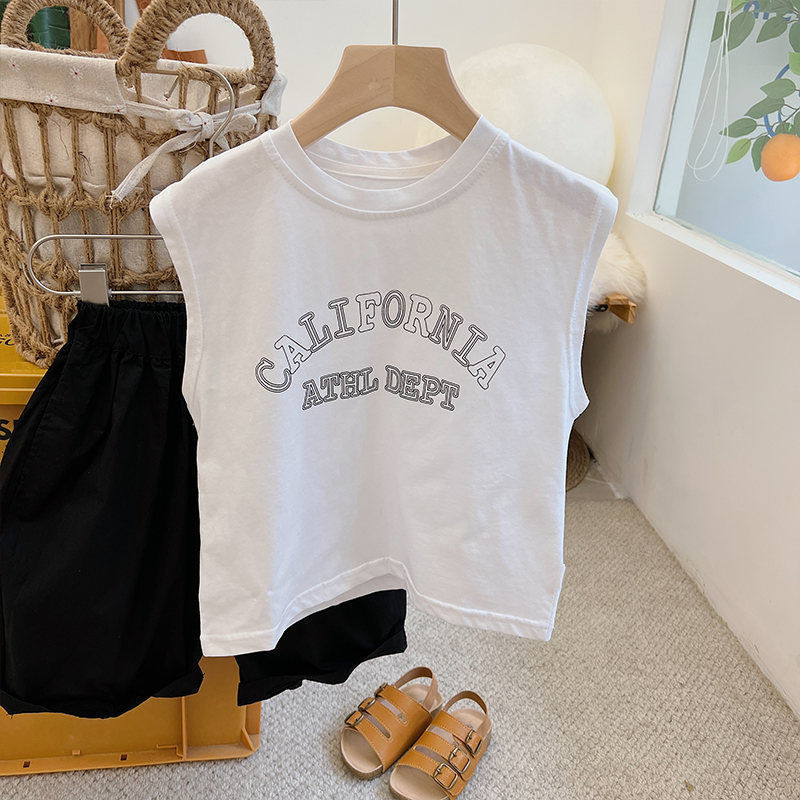 Picture of Pure Cotton Kidsren's Vest T-Shirt 2024 Summer Korean Style Sleeveless T-Shirt for Boys and Girls Loose Breathable Round Neck Top Versatile