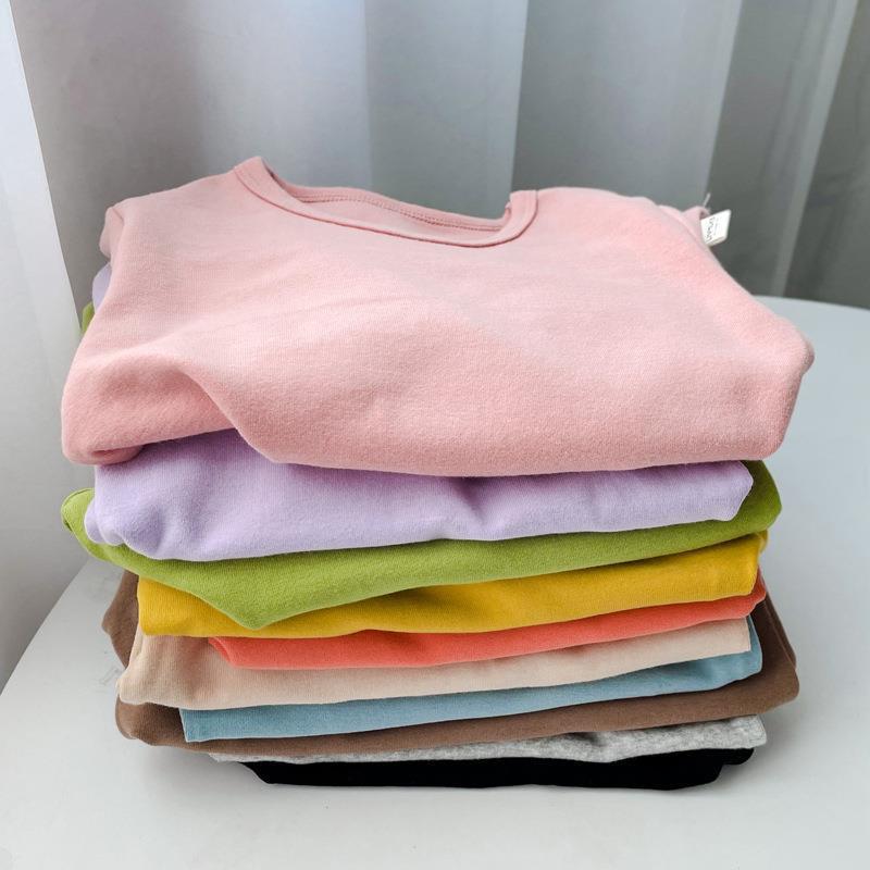 2023 Children's Cotton Long-sleeved T-shirt Base Shirt Spring and Autumn Loose Solid Color Round Neck Sanding Top for Boys and Girls