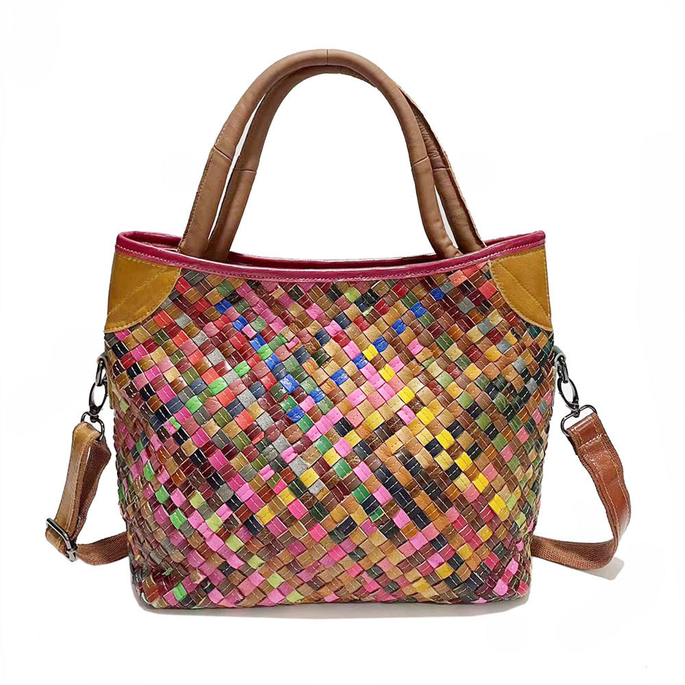 Cross-border a generation of women's bag genuine leather hand-woven bag ethnic style color striped ladies portable messenger bag
