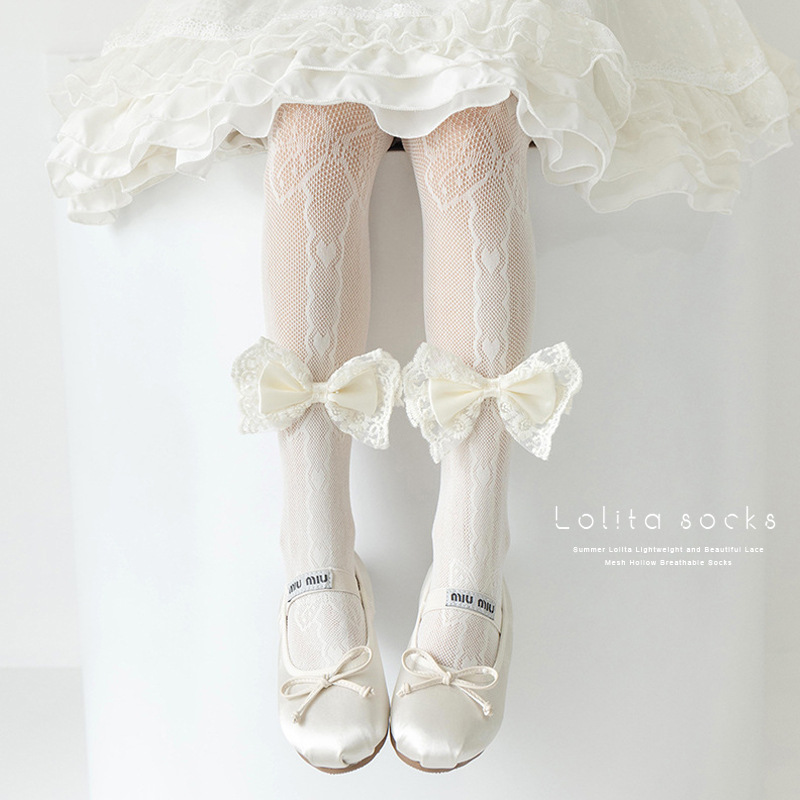 Children's Leggings Lolita Bow Mesh Lace Jacquard Long-Tube Japanese Style Outer Wear Dance Princess Pantyhose