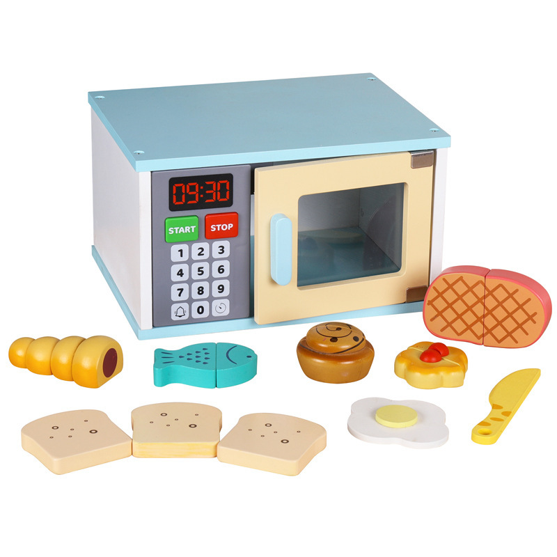 Picture of Children's Educational Toys Wooden Simulation Play House Kitchen Toy Set Coffee Machine Bread Machine Microwave Oven Toy