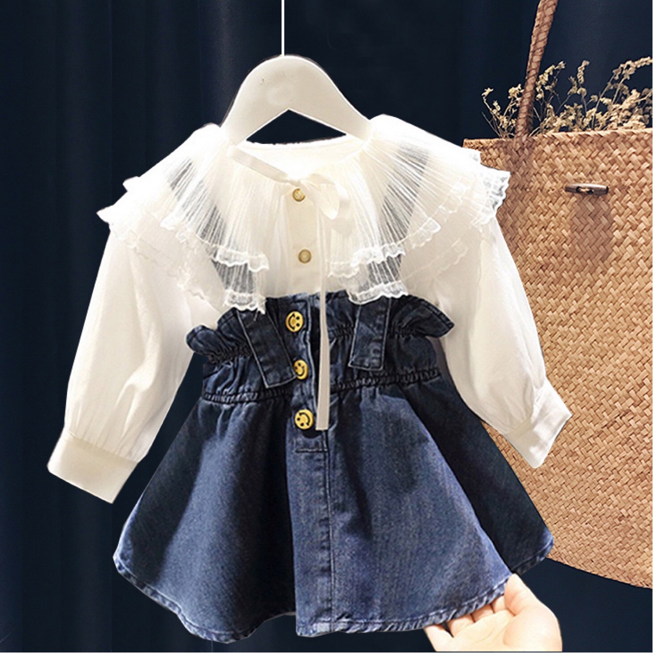 2021 Korean Style Spring and Autumn Fashion Children's Suit Girl's Lace Collar Shirt Fishtail Strap Skirt Two-Piece Set YY64