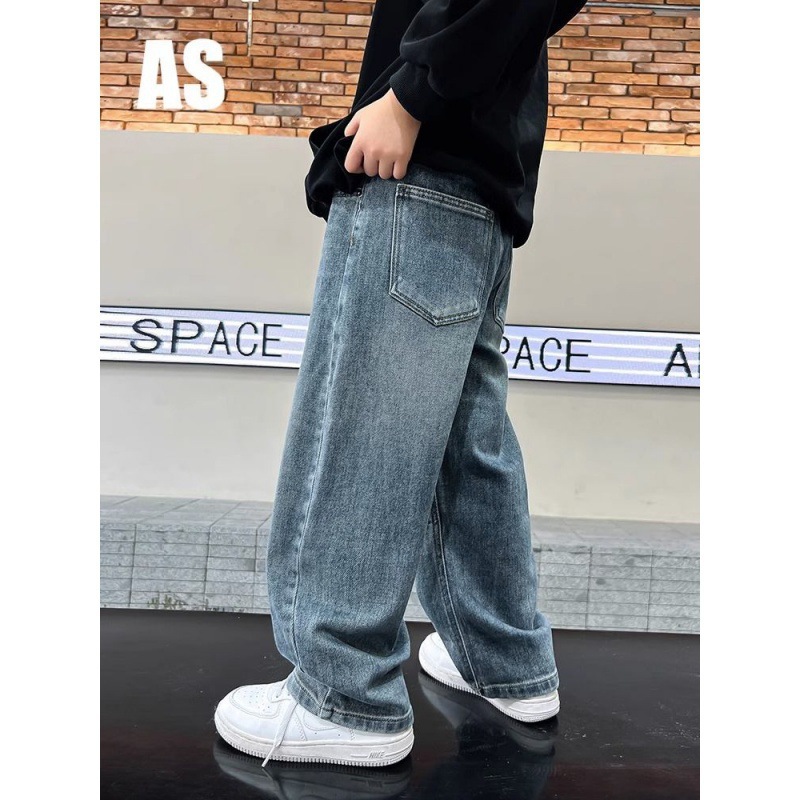 Boys' Spring and Autumn Straight Tube Loose Jeans 2024 New Children's Boys Spring Handsome Thin Pants